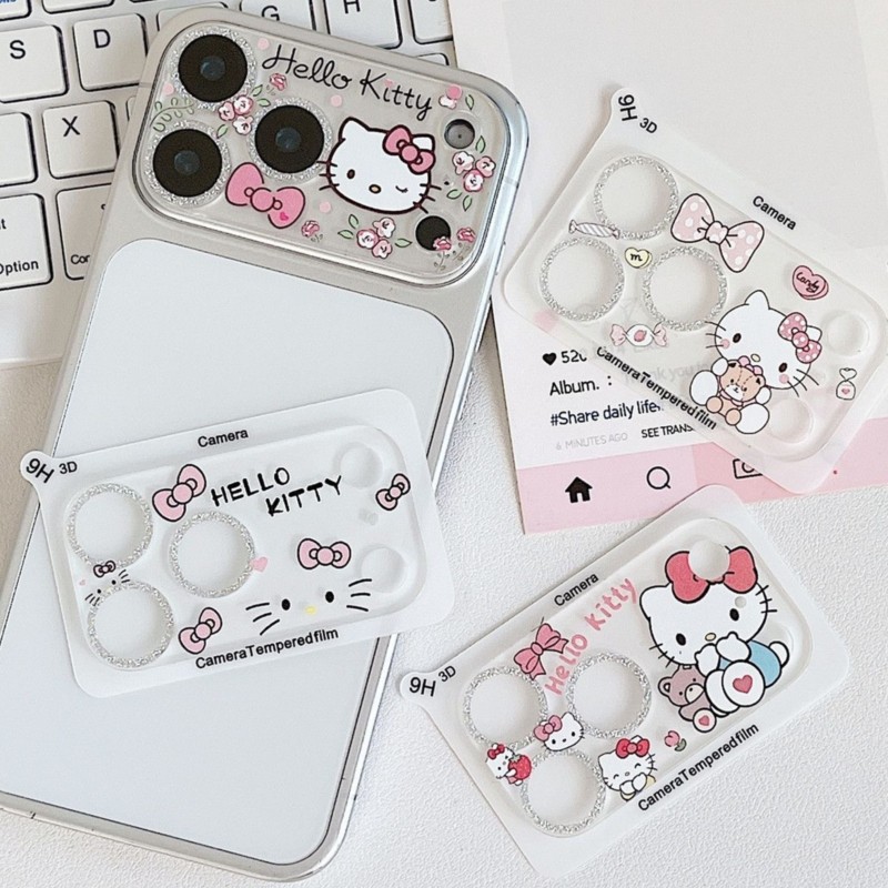 Tempered Glass Screen 9H - Niedlicher Hello Kitty Glitzer-Kameraobjektivschutz Kawaii Sanrio