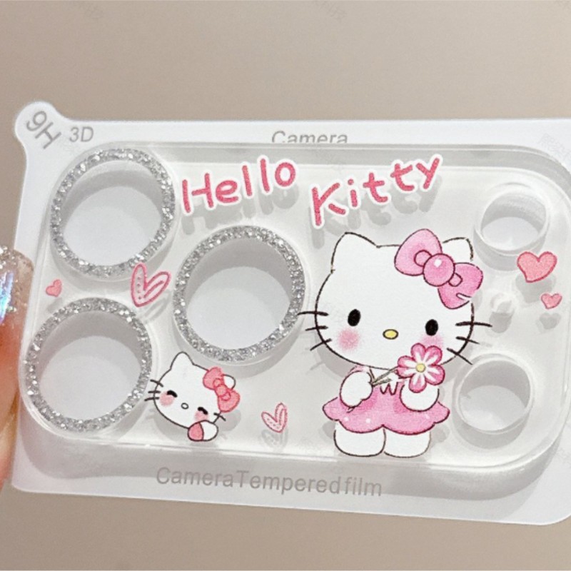 Tempered Glass Screen 9H - Niedlicher Hello Kitty Glitzer-Kameraobjektivschutz Kawaii Sanrio